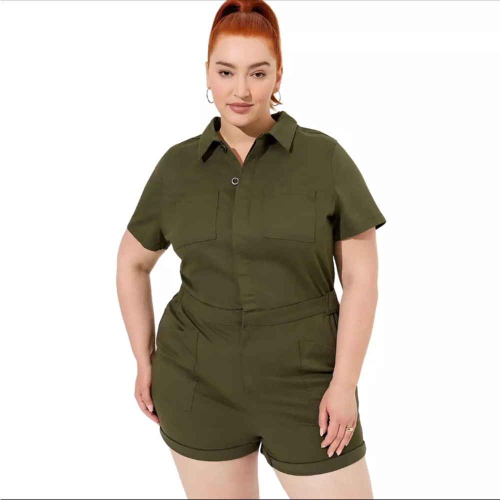 Torrid Lightweight Twill Jumper, Olive Green Jumpsuit, Stretch, Woman’s 22 (3XL)